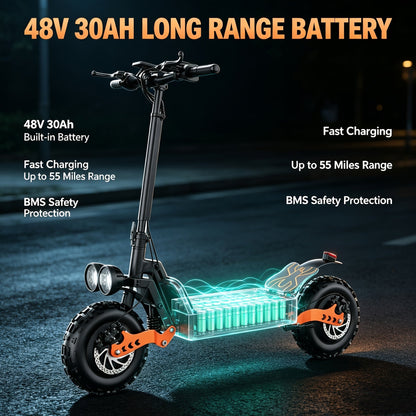 Electric Scooter for Adults 749W Motor 55 Miles Range – 48V 30Ah Battery, 11" Off-Road Tires, Full Suspension, Long Distance Commuter & Trail E-Scooter for Heavy Duty Riders GT26 / GT28