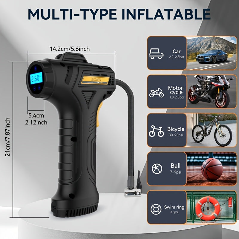 Compresseur d'air portable pour pneus – Pompe à air sans fil 150 PSI avec arrêt automatique, manomètre numérique et lampe LED pour voitures, motos, vélos et ballons, rechargeable