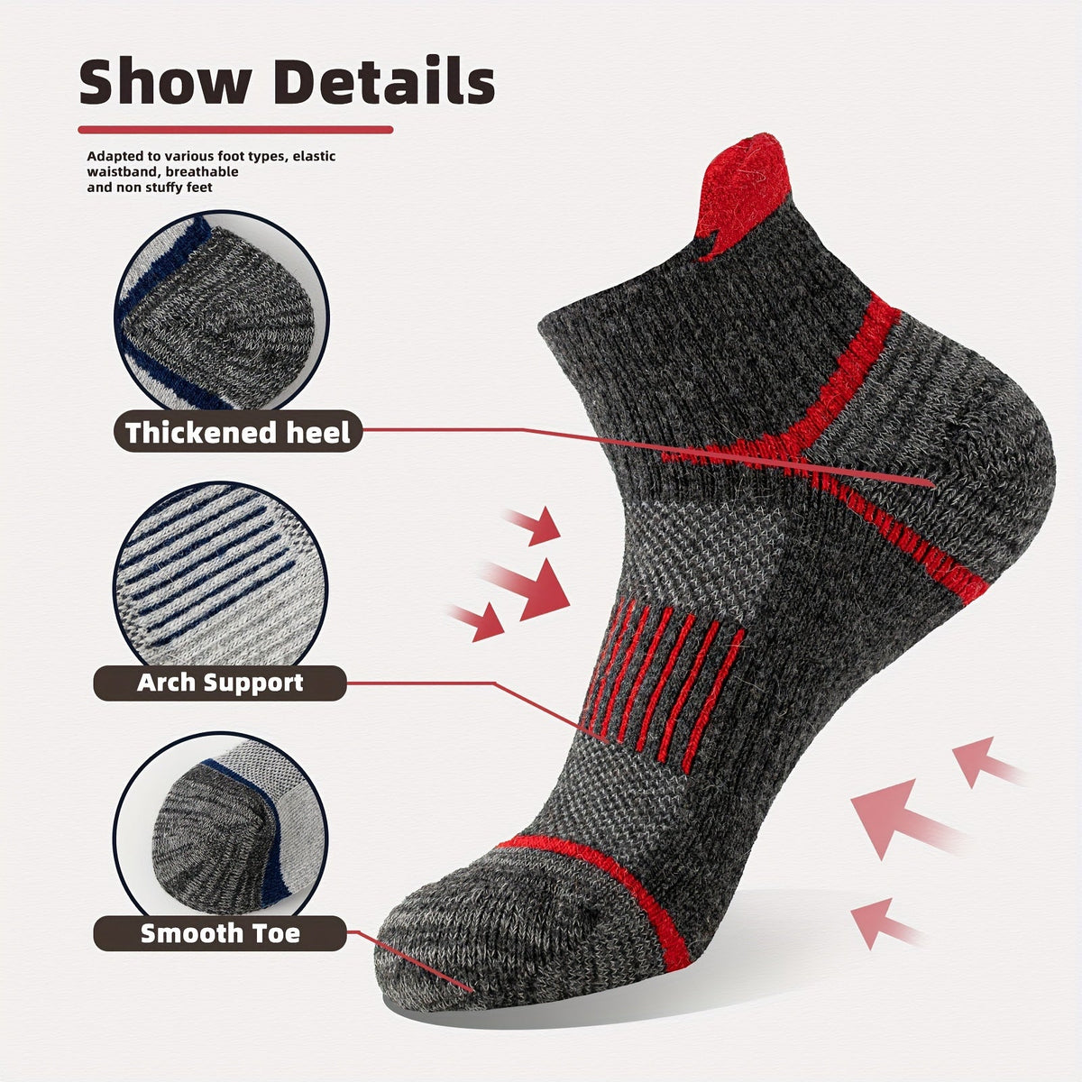 Lot de 6 paires de chaussettes de randonnée en laine mérinos pour hommes et femmes, chaussettes de course et de travail à cheville rembourrée avec soutien de compression, design invisible, respirant et absorbant l'humidité – Excellente idée cadeau