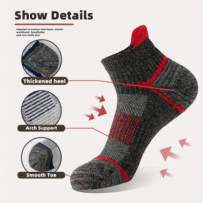 Lot de 6 paires de chaussettes de randonnée en laine mérinos pour hommes et femmes, chaussettes de course et de travail à cheville rembourrée avec soutien de compression, design invisible, respirant et absorbant l'humidité – Excellente idée cadeau