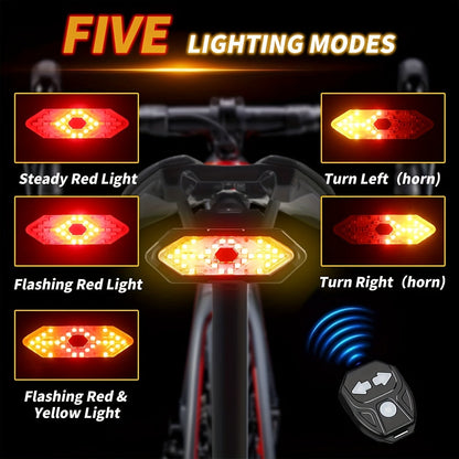 Feu arrière de vélo avec clignotants, rechargeable par USB, 120 lumens, 5 modes, télécommande sans fil, feu arrière de sécurité LED pour vélo de route, VTT, vélos de ville, adultes, enfants, hommes, femmes, cyclisme