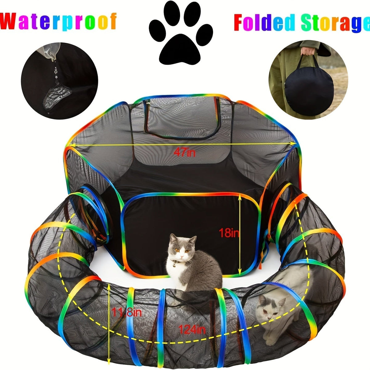Parc pour chat Rainbow, enclos extérieur pour chat avec tunnel circulaire et tente pop-up portable, aire de jeu pliable pour chats, chatons et petits animaux, usage intérieur et extérieur