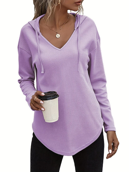 Sweat-shirt à capuche pour femme avec ourlet asymétrique, col en V et cordon de serrage - Pull décontracté à manches longues en maille pour l'automne et l'hiver