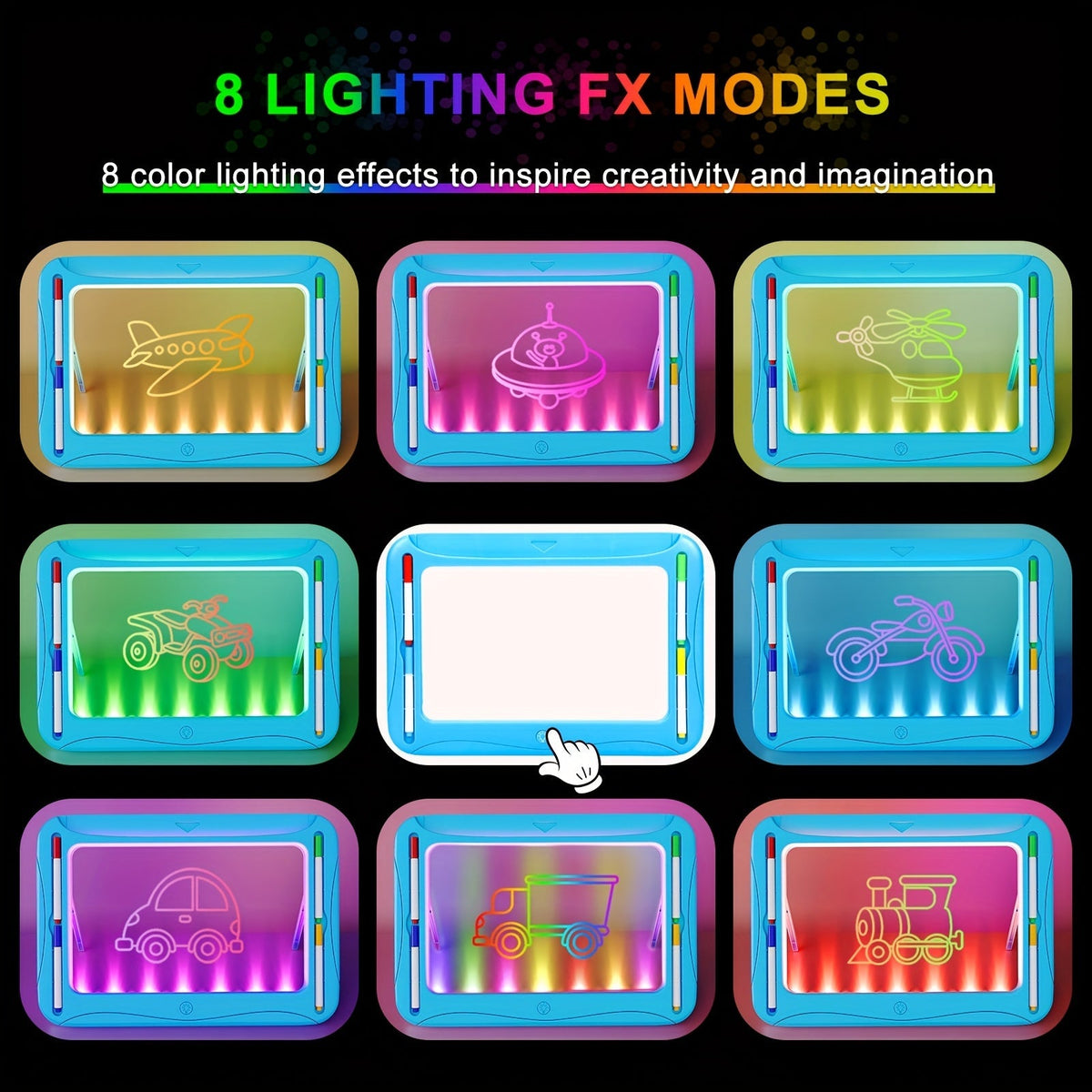 Tablette à dessin lumineuse LED pour enfants de 3 à 8 ans – Kit d’art phosphorescent avec 9 cartes recto-verso et 6 marqueurs, jouet éducatif de voyage, cadeau d'anniversaire et de Noël pour filles et garçons