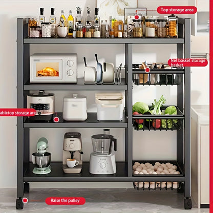 Étagère de rangement roulante à 4 niveaux avec paniers en fil métallique et roulettes – Rayonnage métallique réglable pour cuisine, garde-manger, garage, salle de bain et placard, organisateur sur pied mobile, cadeau de crémaillère