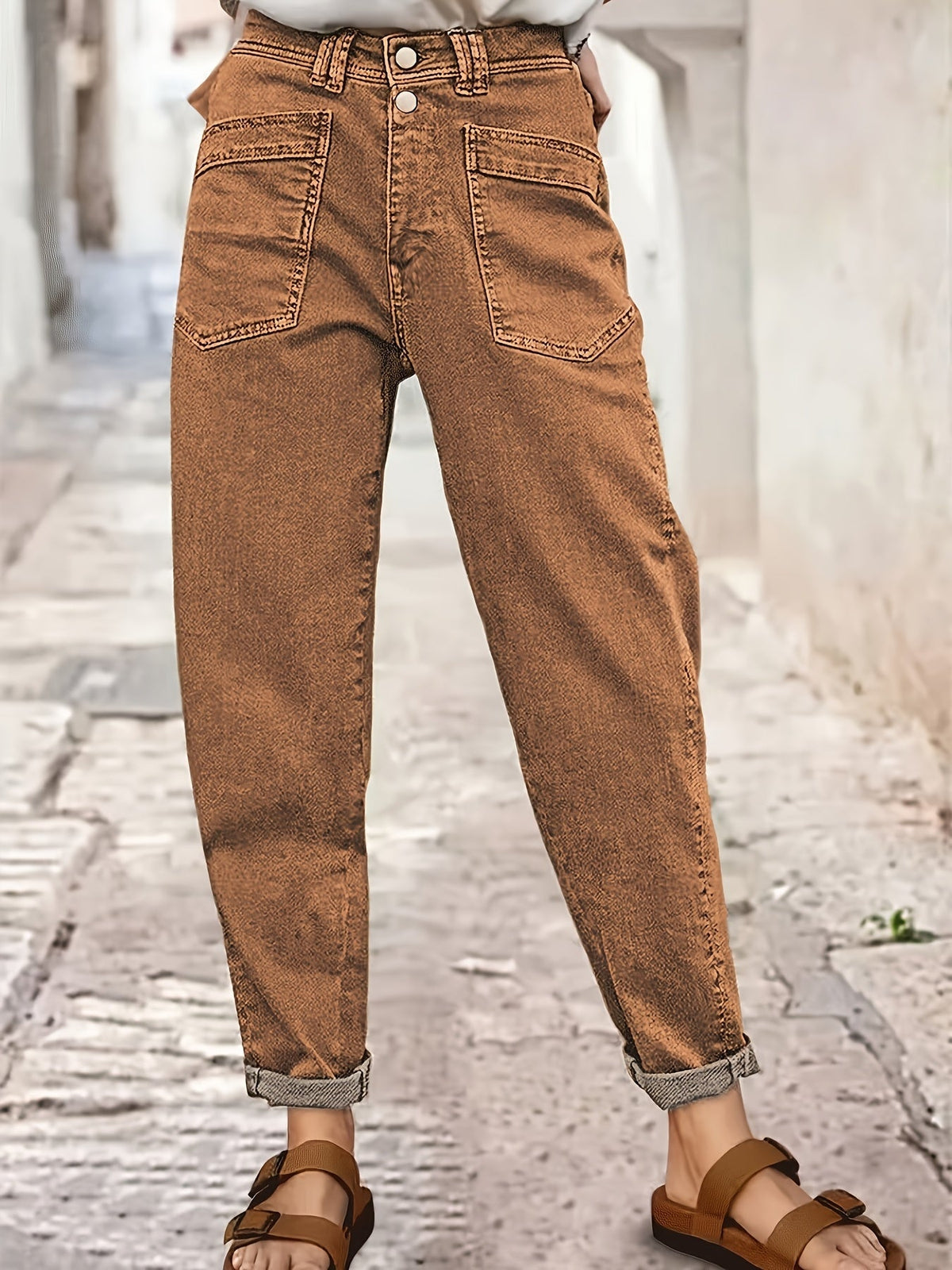 Jean droit stretch taille mi-haute pour femme - Vert olive, braguette à boutons, poches latérales, passants de ceinture, jean baggy stretch 4 directions mode urbaine pour tenue décontractée ou semi-formelle toutes saisons, lavable en machine