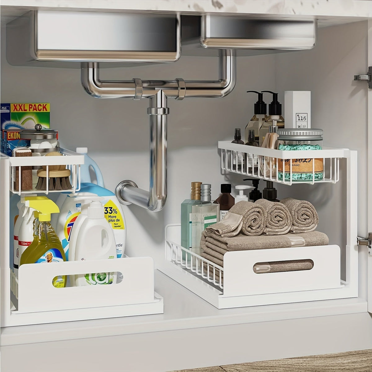 Organisateur sous évier coulissant à 2 niveaux pour cuisine et salle de bain, étagère de rangement extractible – Noir, blanc ou gris clair, lot de 1 ou 2