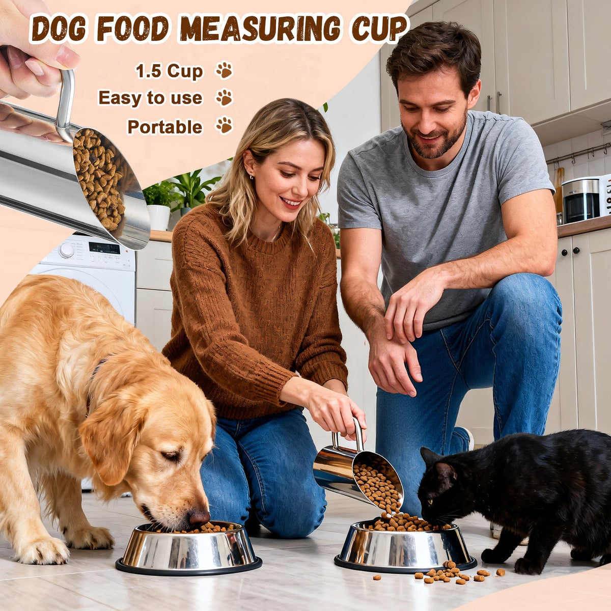 Set de 2 pelles à croquettes en acier inoxydable - Doseurs pour animaux de 45 ml et 355 ml durables avec poignée ergonomique antidérapante, résistants à la rouille et faciles à nettoyer pour croquettes et seaux de nourriture