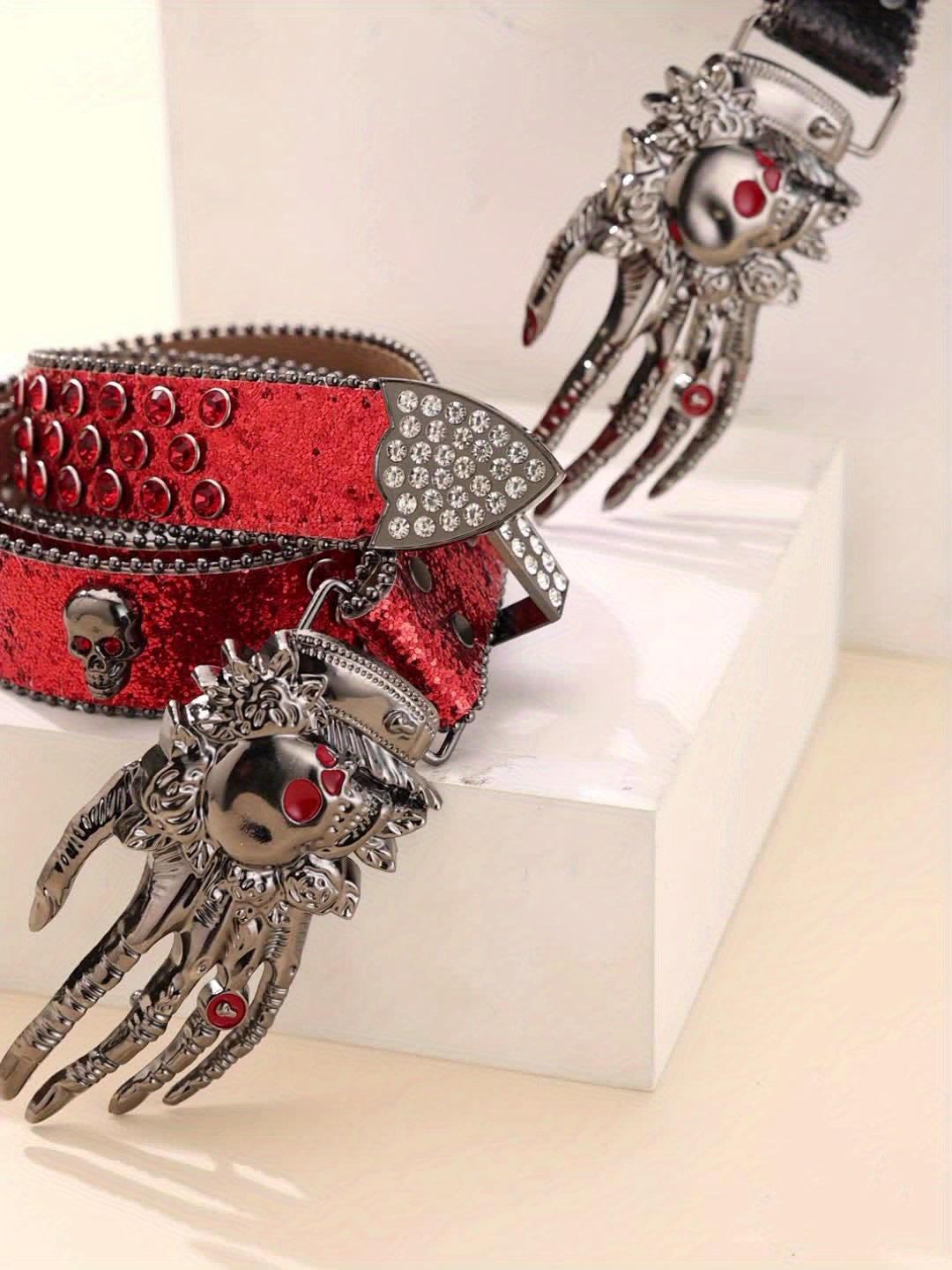 Ceinture punk unisexe à tête de mort – Similicuir orné de strass avec boucle tête de mort en alliage de zinc, accessoire de mode audacieux pour Halloween, les fêtes et le quotidien, 5 couleurs disponibles