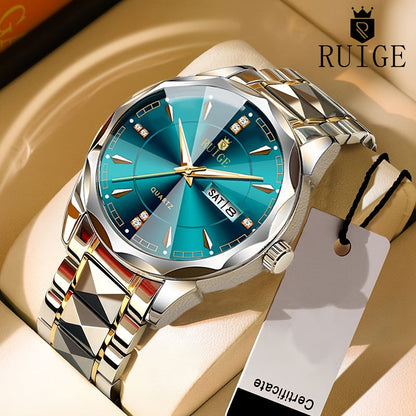 Montre à quartz pour homme RUIGE – Veilleuse, double calendrier, cadran à facettes façon diamant, boîtier en acier inoxydable, bracelet en alliage, montre-bracelet business décontracté, cadeau idéal pour la fête des pères