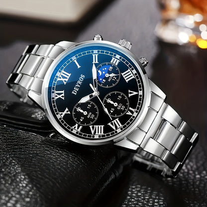 Ensemble montre chronographe à quartz pour homme en acier inoxydable avec collier et bracelet – Coffret cadeau bijoux 3 pièces avec heure universelle, style business pour événements formels professionnels