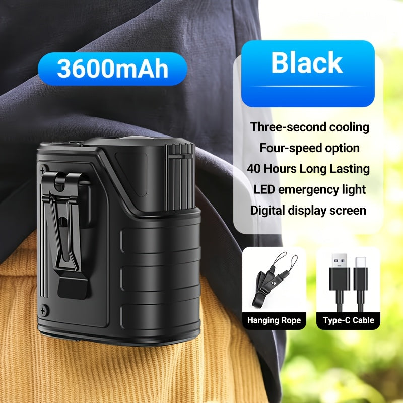 Ventilateur de taille 4-en-1 avec lampe torche, batterie externe et ventilateur de cou – Ventilateur de ceinture portable rechargeable pour l'extérieur, longue autonomie, 3 couleurs, disponible à l'unité et en lot de 2