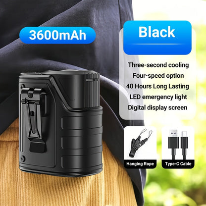 Ventilateur de taille 4-en-1 avec lampe torche, batterie externe et ventilateur de cou – Ventilateur de ceinture portable rechargeable pour l'extérieur, longue autonomie, 3 couleurs, disponible à l'unité et en lot de 2