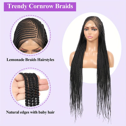 Perruque Box Braid HD Lace Front pour femmes noires, 36 pouces – Full Lace Frontal synthétique, ligne de cheveux naturelle, pour tous les jours et les fêtes, noire