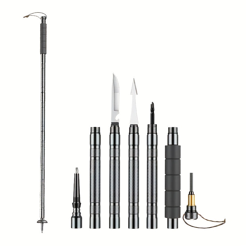Bâton de randonnée tactique 7-en-1 – Canne de marche pliable et extensible avec boussole, pierre à feu, lame de scie, tournevis et pince, poignée ergonomique, cadeau idéal pour le camping et la randonnée de survie