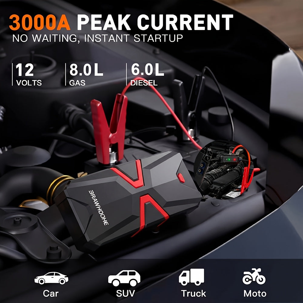 Démarreur de voiture 3000A 9-en-1 avec gonfleur de pneus intégré, ports USB et lampe de secours LED – Booster de batterie portable sans fil 12V pour voitures, camions et SUV – Outil d'urgence routière – Velora