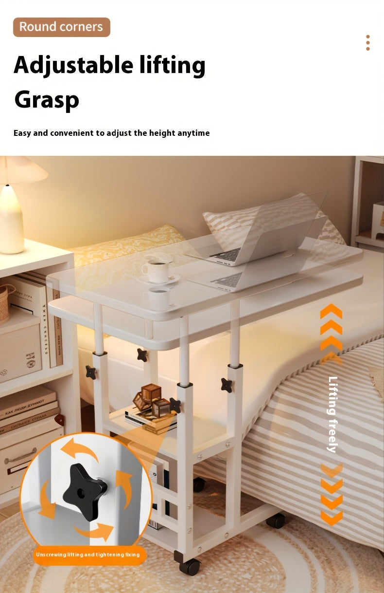 Table pour ordinateur portable réglable en hauteur avec 4 roulettes et double étagère – Bureau poste de travail mobile pour chevet, dortoir, bureau, salon, structure en acier robuste, design gain de place