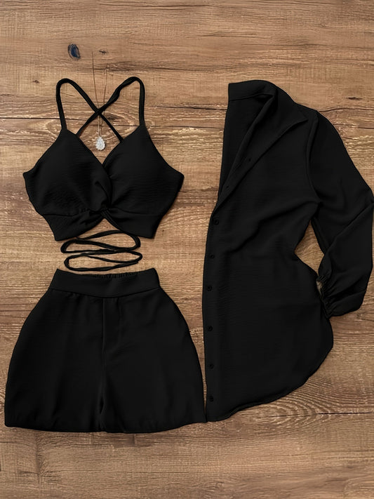 Ensemble 3 pièces pour femme : caraco + short + chemisier cardigan | Tenue assortie couleur unie pour les vacances d'été, le quotidien ou le travail