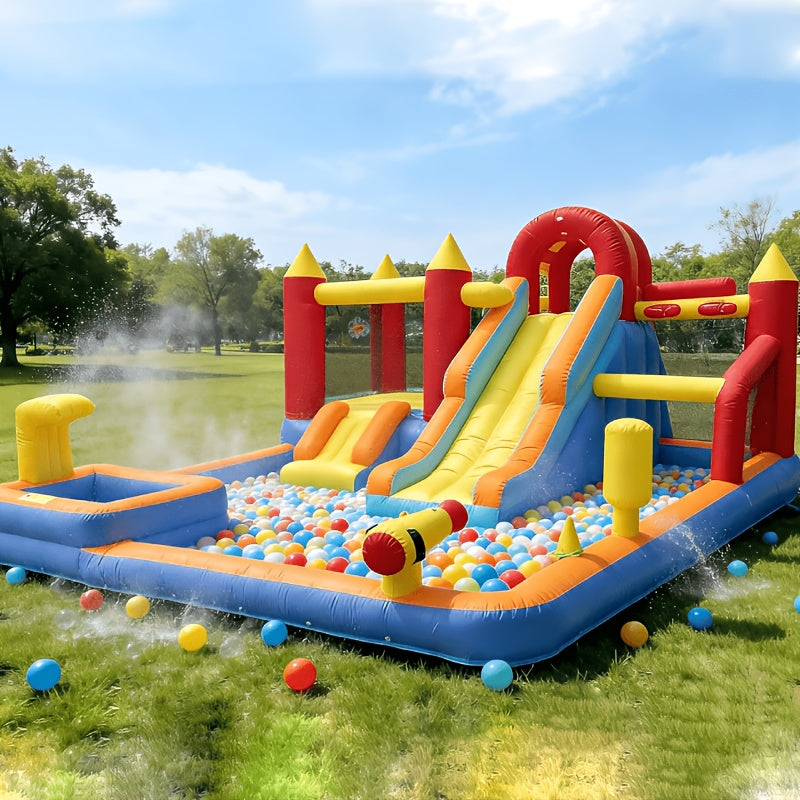 Château gonflable aquatique 13-en-1 avec souffleur 550W, double toboggan, pataugeoire, canon à eau, mur d'escalade, panier de basket, jeux de pêche et de lancer d'anneaux - Parc aquatique pour enfants pour le jardin, idéal pour l'été
