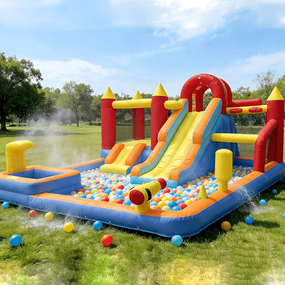Château gonflable aquatique 13-en-1 avec souffleur 550W, double toboggan, pataugeoire, canon à eau, mur d'escalade, panier de basket, jeux de pêche et de lancer d'anneaux - Parc aquatique pour enfants pour le jardin, idéal pour l'été