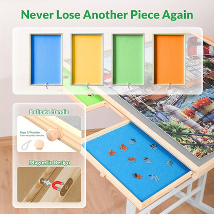 Table de puzzle réglable pour puzzles de 1500 pièces – Plateau de puzzle en bois massif inclinable et réglable en hauteur avec tiroir de rangement – Station de puzzle portable pour adultes – Cadeau idéal pour un anniversaire ou les fêtes