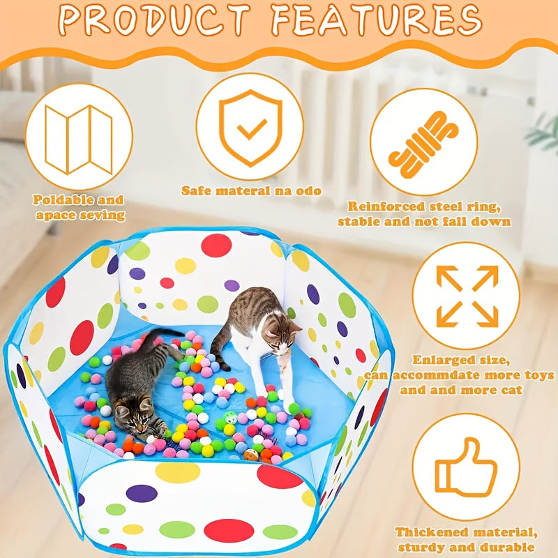 Ensemble de jouets interactifs pour chat avec 110 balles - 100 balles de jeu et 10 balles à grelot avec parc pour chat, kit de divertissement et d'exercice pour chat d'intérieur, assortiment de balles aux couleurs aléatoires (ensemble avec parc)