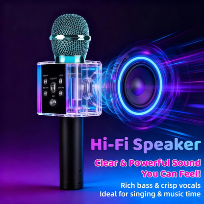 Microphone karaoké sans fil 5-en-1 avec haut-parleur intégré, lumières LED et changeur de voix – Micro de chant Bluetooth portable pour fêtes, réunions de famille, voyages et activités en plein air, 10 couleurs