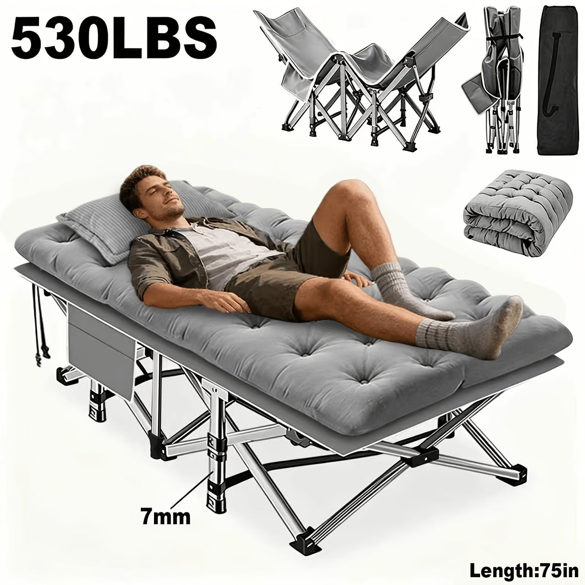 Lit pliant ultra-résistant supportant jusqu’à 285 kg avec matelas en option – Lit de camp portable avec pieds de support multiples, poches latérales et oreiller, lit d'appoint toutes saisons de 150 à 195 cm, peu encombrant