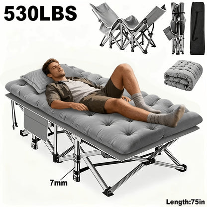 Lit pliant ultra-résistant supportant jusqu’à 285 kg avec matelas en option – Lit de camp portable avec pieds de support multiples, poches latérales et oreiller, lit d'appoint toutes saisons de 150 à 195 cm, peu encombrant