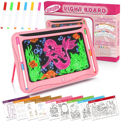 Tablette à dessin lumineuse LED pour enfants de 3 à 8 ans – Kit d’art phosphorescent avec 9 cartes recto-verso et 6 marqueurs, jouet éducatif de voyage, cadeau d'anniversaire et de Noël pour filles et garçons