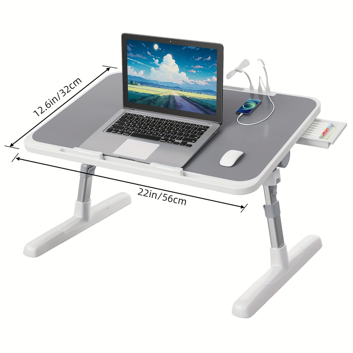 Plateau de lit pour ordinateur portable avec lampe USB, ventilateur et tiroir – Support d'ordinateur portable portable et réglable pour lit, canapé, bureau pour lire, écrire, manger, 10 couleurs et tailles