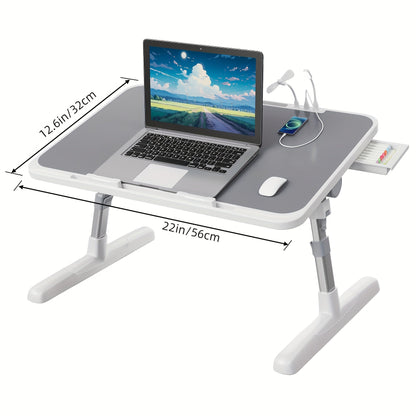 Plateau de lit pour ordinateur portable avec lampe USB, ventilateur et tiroir – Support d'ordinateur portable portable et réglable pour lit, canapé, bureau pour lire, écrire, manger, 10 couleurs et tailles