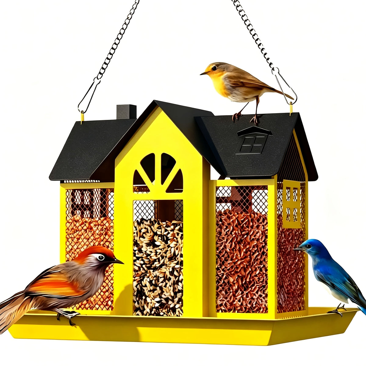 Mangeoire à oiseaux sauvage résistante aux écureuils pour extérieur – Mangeoire suspendue à grande capacité en maille métallique à 3 compartiments, résistante aux intempéries, pour cardinaux, pinsons et oiseaux de jardin, plusieurs couleurs