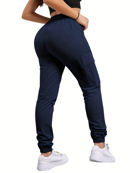 Pantalon cargo pour femme avec poches zippées – Taille élastique à cordon de serrage, grandes poches, pantalon décontracté pour l'extérieur, noir, gris, vert, bleu, XS-XXL