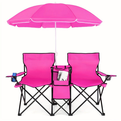 Ensemble de 2 chaises de plage pliantes avec parasol, table et sac isotherme – Chaise de pique-nique compacte et pliable pour la plage, le camping et les sorties en plein air, capacité de 122 kg par siège