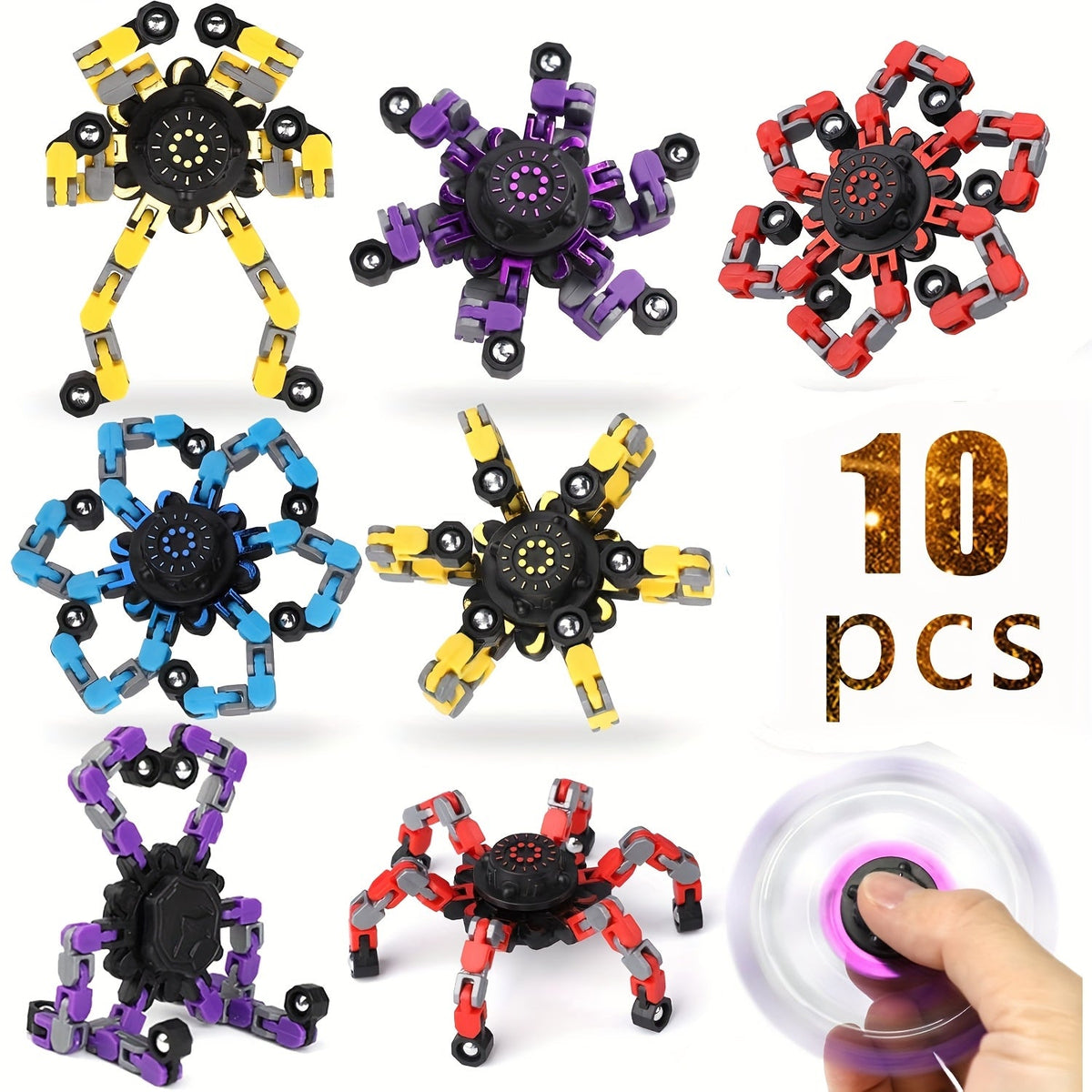 Lot de 10 ou 15 fidget spinners assortis, robots mécaniques gyroscopiques, jouets anti-stress pour les doigts, éditions standard et lumineuses, cadeaux pour fêtes, récompenses scolaires, pour enfants et adultes