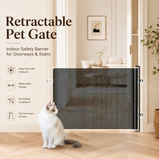 Barrière rétractable pour animaux avec double verrouillage – Barrière de sécurité en maille réglable pour portes, couloirs et escaliers, barrière pour chiens et chats à fixation murale, noir