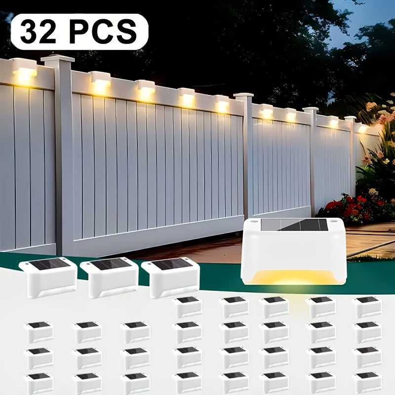 Lampes solaires LED pour terrasse, escaliers et marches d'extérieur, allumage/extinction automatique, 12 heures d'éclairage blanc chaud pour clôture, allée, patio, balcon et jardin – ABS résistant aux intempéries, lot de 8, 16 ou 32 – Aucun câblage requis