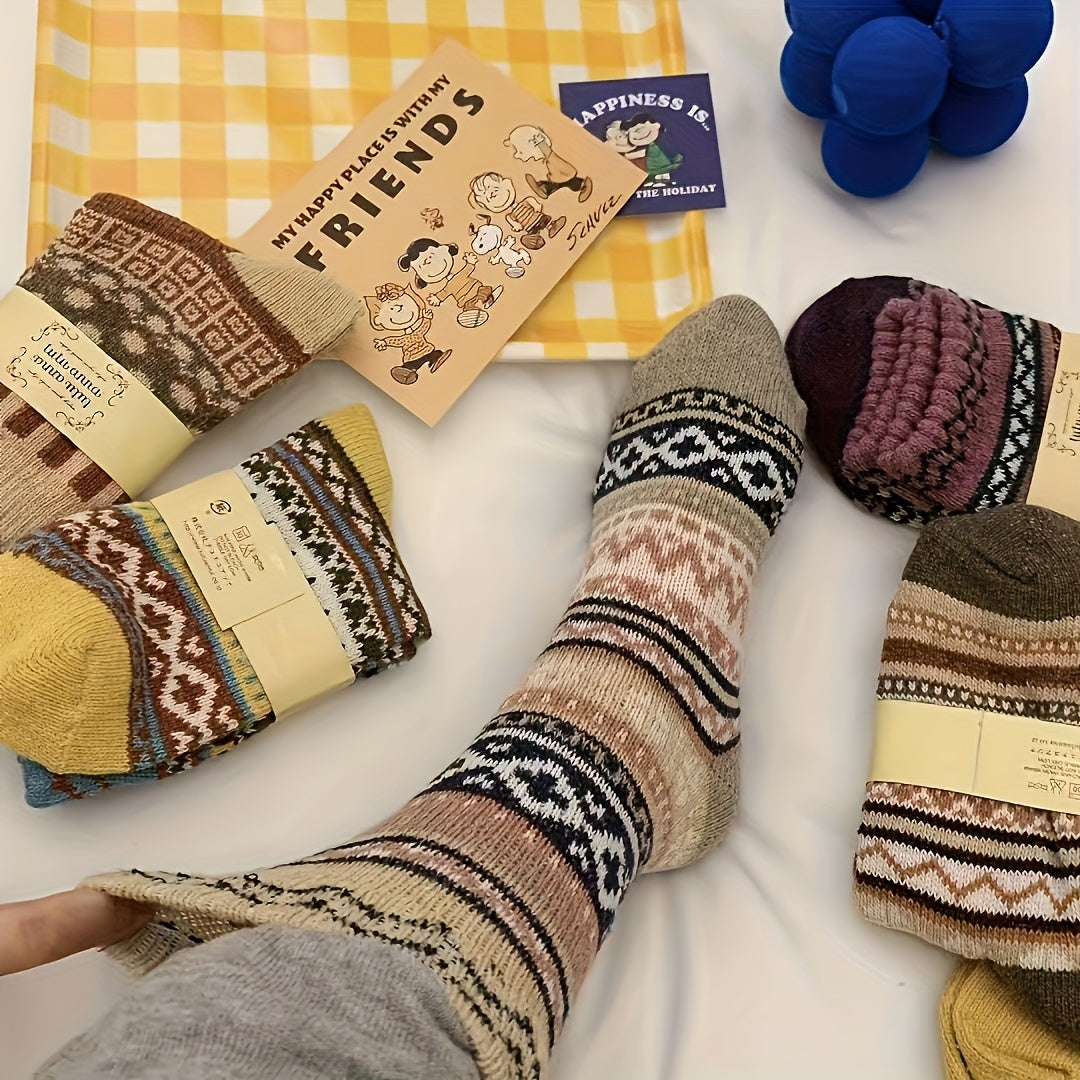 Lot de 5 paires de chaussettes d'hiver épaisses pour femmes, chaussettes en maille polyester 200 g/m² chaudes et douces à motif écossais vif pour la randonnée, le ski et le temps froid – Cadeau d'automne/hiver pour les fêtes