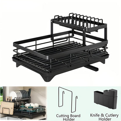Égouttoir à vaisselle à 2 niveaux pour comptoir de cuisine avec plateau d'égouttage, tapis de drainage, porte-couteaux, porte-fourchettes, porte-gobelets, organisateur d'ustensiles, accessoire de cuisine, cadeau pour femme pour la fête des mères