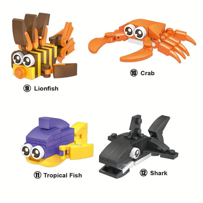 Ocean Animal Building Blocks Set for Kids 12pcs – Colorful Seahorse Octopus Crab Sea Turtle Lantern Fish Figures, Educational STEM Toy, Durable ABS Sea Creature Models, Fun Gift for Boys Girls Ages 3+