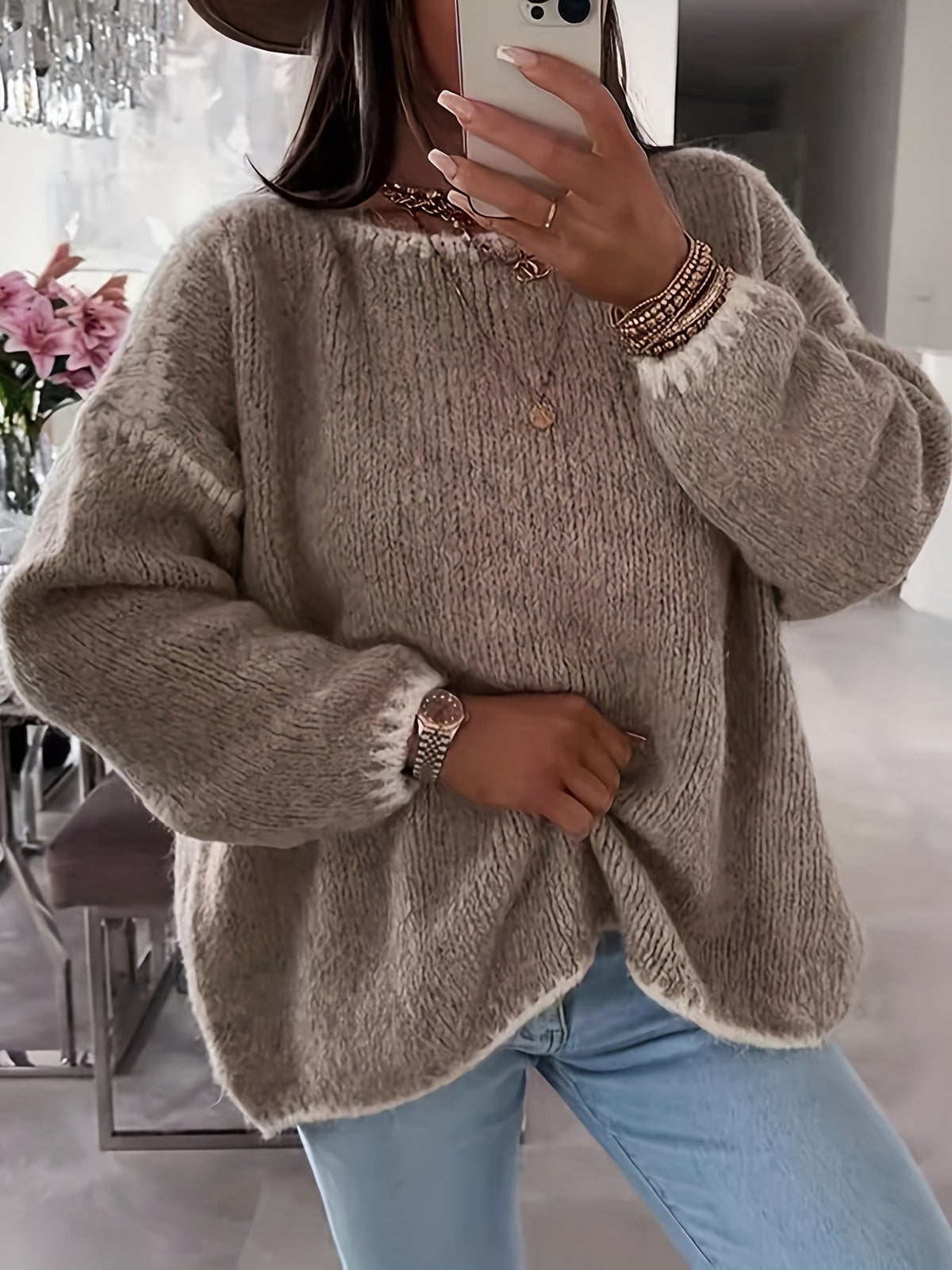 Pull-over femme à encolure bateau et blocs de couleur – Haut décontracté en maille contrastante, manches longues et coupe ample pour l'automne et l'hiver, style épaules dénudées, 7 couleurs, tailles S à XXL, pull doux et confortable pour le quotidien