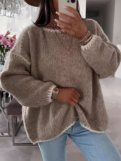 Pull-over femme à encolure bateau et blocs de couleur – Haut décontracté en maille contrastante, manches longues et coupe ample pour l'automne et l'hiver, style épaules dénudées, 7 couleurs, tailles S à XXL, pull doux et confortable pour le quotidien
