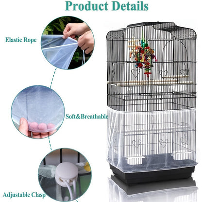 Bird Cage Cover Polyester Mesh Dust-Proof Light-Penetrating with Elastic Rope Fastener for Parrots Budgies Cockatiels Small to Large Cages Black White 31.5in Height