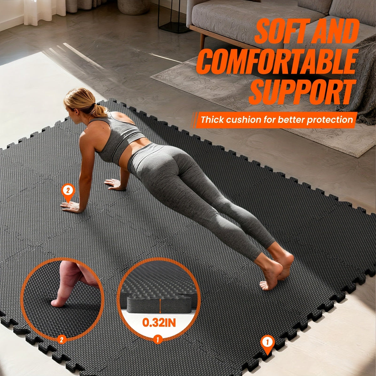 Tapis de sol emboîtables pour salle de sport, 36/48 pièces, dalles puzzle en mousse EVA, 30 x 30 cm, tapis d'exercice antidérapant pour salle de sport à domicile, garage, salle de jeux, fitness – Inclut des bordures, motif café et feuilles