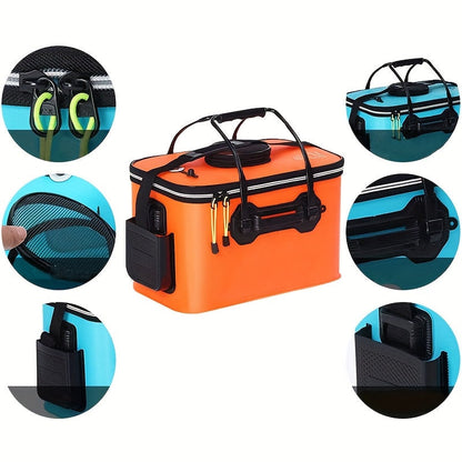 Seau de pêche pliable de 25 L – Conteneur à appâts vivants en EVA, sac de conservation de poissons multifonctionnel et portable pour la pêche à la carpe et en eau douce, cadeau pour homme (bleu/orange)