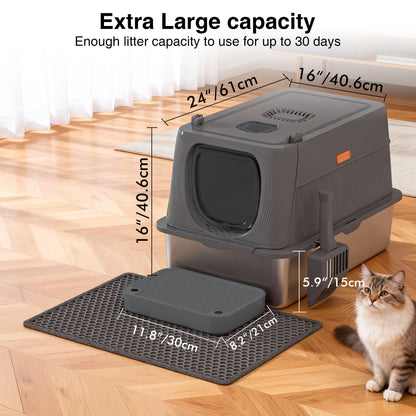 Bac à litière pour chat surdimensionné en acier inoxydable avec couvercle, toilette intérieure pliable anti-éclaboussures avec porte à rabat avant et contrôle supérieur des odeurs
