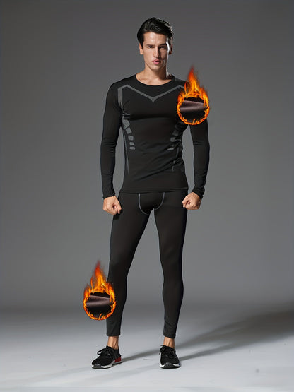 Ensemble de 6 pièces de sous-vêtements de sport thermiques doublés en polaire pour homme – Couche de base chaude imprimée pour la course, le fitness et l'entraînement automne-hiver, équipement d'entraînement matin et soir