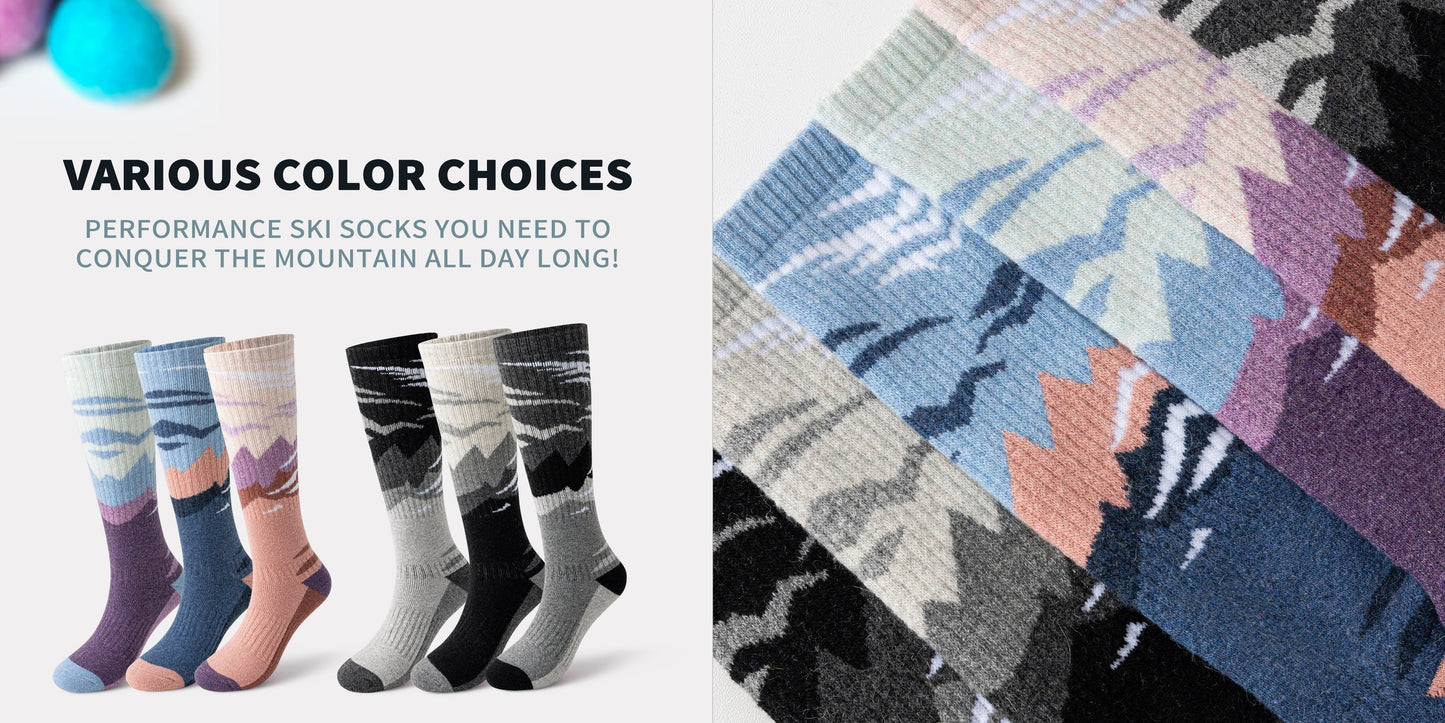 Wool Ski Socks 3 Pairs Thermal Knee High for Men & Women – Thick Warm Winter Socks for Skiing, Snowboarding & Outdoor Sports, 70% Wool, Sizes M & L, Multicolor / Dark / Snow Mountain