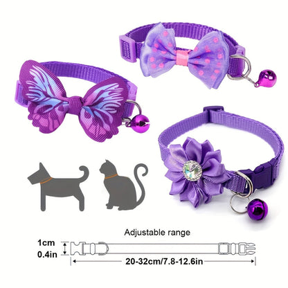 Floral Cat Collars with Bell & Bow Tie 3-Pack - Adjustable Pink & White Polyester Pet Collars for Cats & Small Dogs, Cute Breakaway-Style Kitten Collar Set with Decorative Bell and Bow Knot Accent